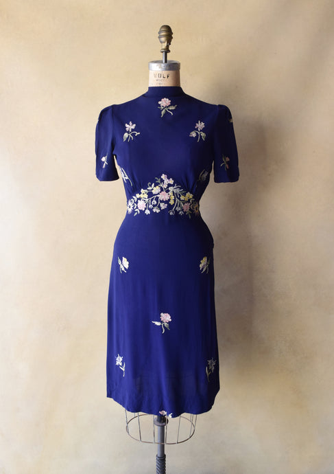 RESERVED . Late 1930s embroidered dress . 30s 40s dress . size xs to s