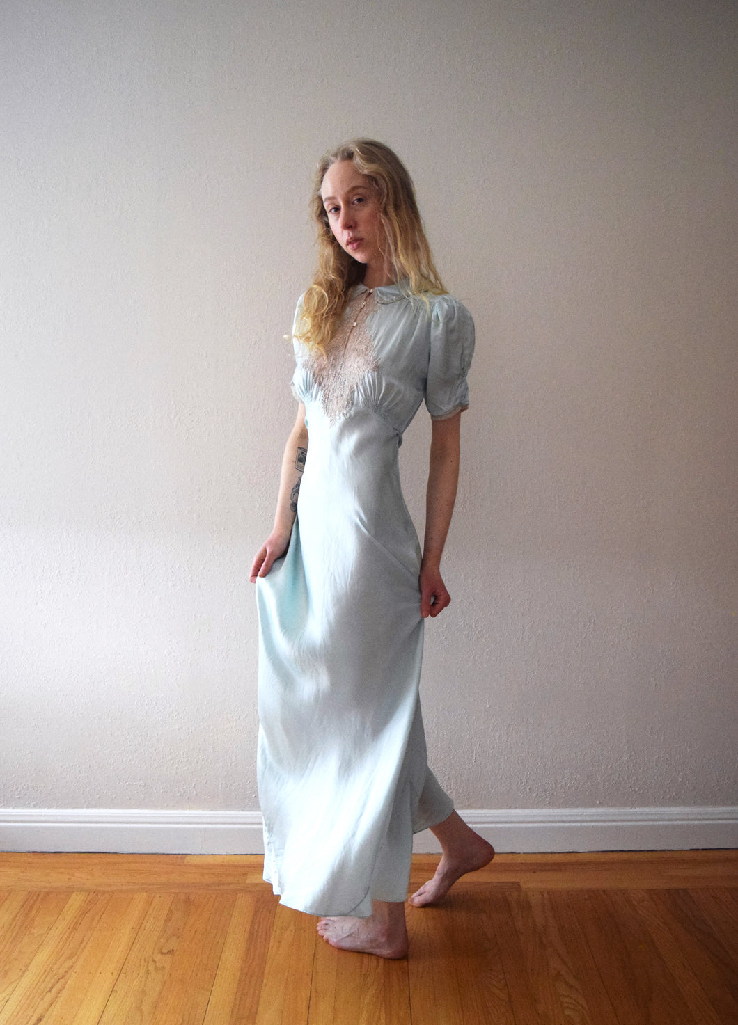 1930s 1940s aqua silk satin gown . vintage slip dress . size xs to small