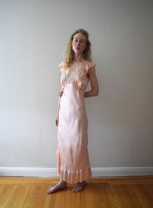 1930s 1940s pink satin slip dress . lace trim nightgown . size small to m/l