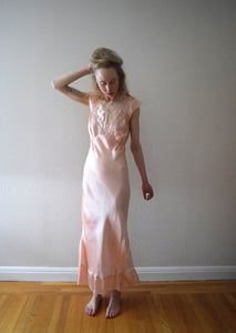 1930s 1940s pink satin slip dress . lace trim nightgown . size small to m/l