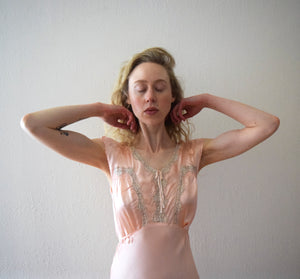 1930s 1940s pink satin slip dress . lace trim nightgown . size small to m/l