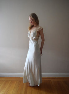 1940s silk satin and lace bias cut gown . size xs to s/m