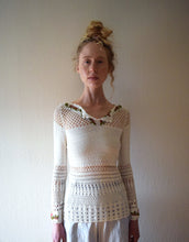 Load image into Gallery viewer, Vintage crochet top . embroidered crochet blouse . size xs to medium