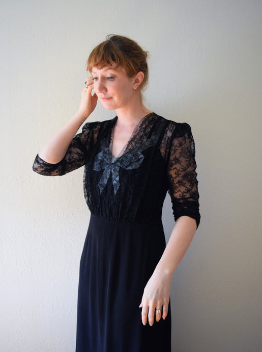 1940s black gown . vintage 40s rayon and lace dress . size small to medium