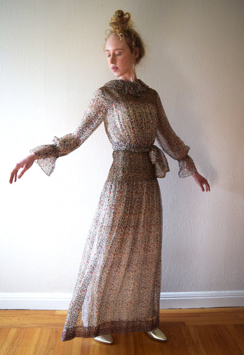 Vintage 1970s silk gown . Treacy Lowe dress . size xs to small