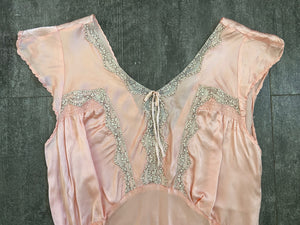 1930s 1940s pink satin slip dress . lace trim nightgown . size small to m/l