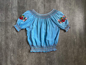 1930s blue silk Hungarian embroidered blouse . size xs to small