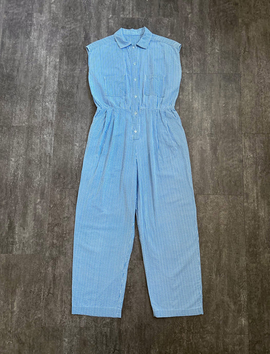 1950s 1960s jumpsuit . vintage striped seersucker jumpsuit . size medium to m/l