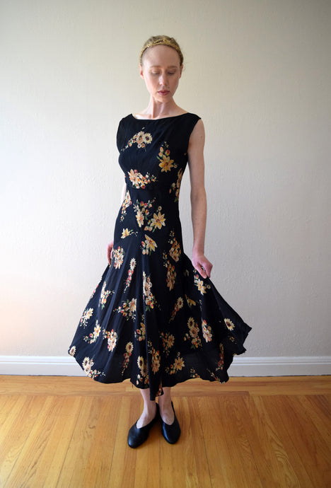 1930s black floral print bias cut dress . size xs to small