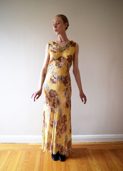 1930s yellow silk chiffon gown . vintage floral print dress . size xs to small