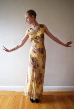 Load image into Gallery viewer, 1930s yellow silk chiffon gown . vintage floral print dress . size xs to small