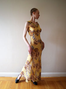 1930s yellow silk chiffon gown . vintage floral print dress . size xs to small