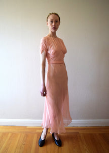 1930s pink silk chiffon dress . vintage gown . size xs to small