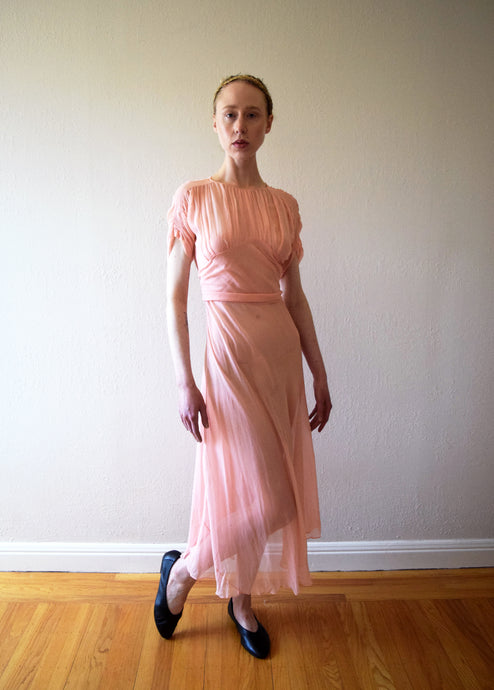 1930s pink silk chiffon dress . vintage gown . size xs to small