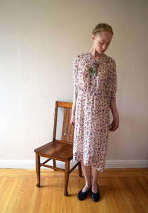 1930s silk chiffon dress . 30s vintage floral print dress . size medium to large