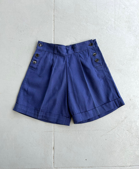 1940s side button shorts . 40s navy blue shorts . size small