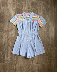 1930s 1940s rainbow stripe playsuit . vintage blue chambray romper . size m to m/l