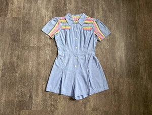 1930s 1940s rainbow stripe playsuit . vintage blue chambray romper . size m to m/l