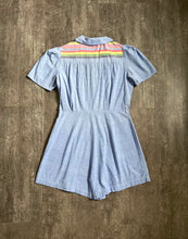 Load image into Gallery viewer, 1930s 1940s rainbow stripe playsuit . vintage blue chambray romper . size m to m/l