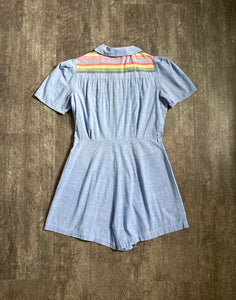 1930s 1940s rainbow stripe playsuit . vintage blue chambray romper . size m to m/l