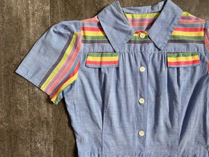 1930s 1940s rainbow stripe playsuit . vintage blue chambray romper . size m to m/l