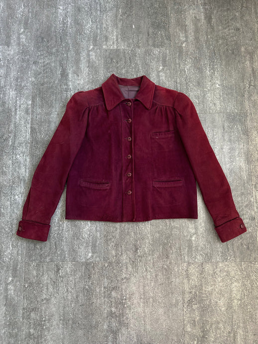 Vintage 1940s suede leather jacket . burgundy coat . size small to m/l