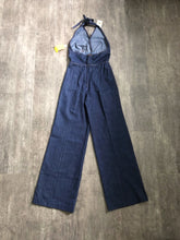 Load image into Gallery viewer, 1970s denim jumpsuit . vintage 70s halter jumpsuit . size s